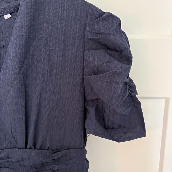 Women’s Navy Midi Dress Puff Sleeve V-Neck Ruched Waist Size L NWT - Picture 7 of 9